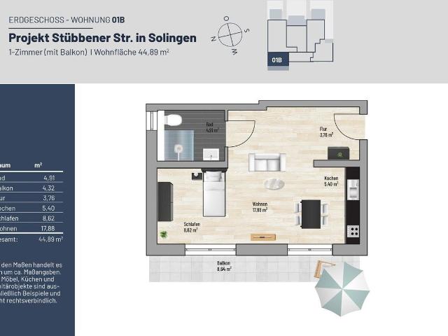 45 m² 1 Z. / Exklusive Balkon Wohnung