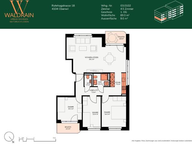 4.5 Zimmer, 89 m², 1. Stock