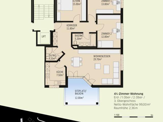 4.5 Zimmer, 99 m², 2. Stock