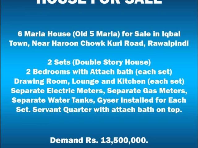 6 Marla House for Sale in Iqbal Town near Haroon Chowk Kuri Road, RWP Rawalpindi Kurri Road ID 15863
