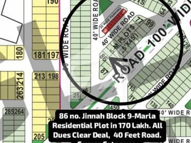 86 no. Jinnah Block 9 Marla Residential Plot in 170 Lakh. All Dues Clear Deal, Corner Category. Best Location For Constructing Your Dream House in Bahria Town Lahore