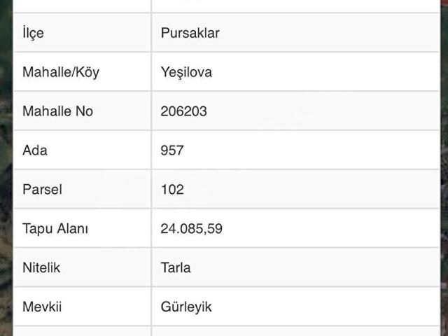 10.035 M2 PURSAKLAR YEŞİLOVADA SATILIK TARLA