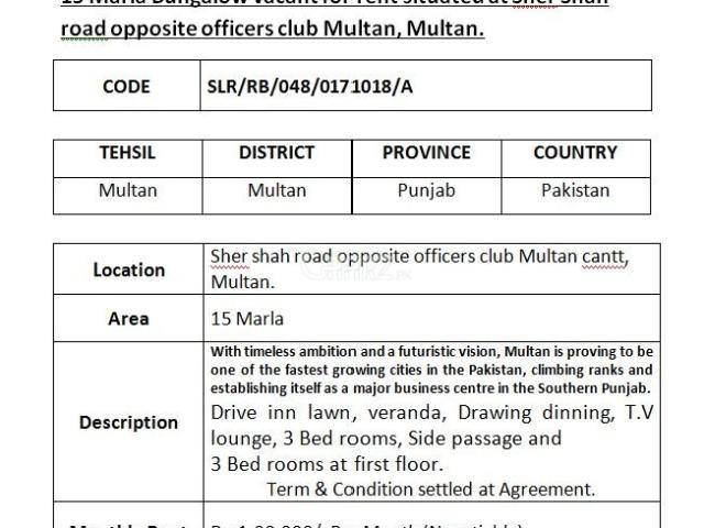 15 Marla House for Rent in Multan Sher Shah Road