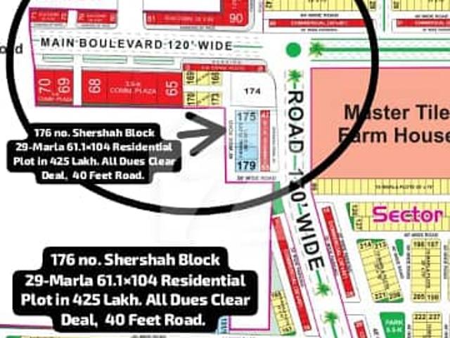 176 no. Shershah Block 29 Marla 61.1 by 104 Residential Plot in 425 Lakh. All Dues Clear Deal, 40 Feet Road. Best Location For Constructing Your Dream House in Bahria Town Lahore