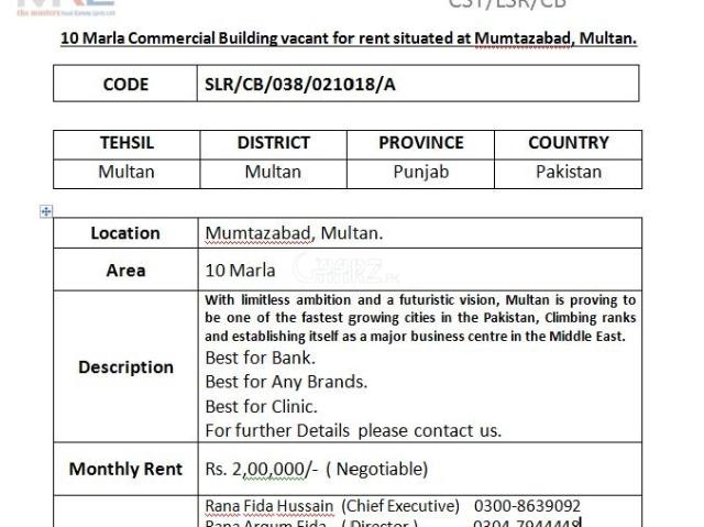 18000 Square Feet Commercial Building for Rent in Multan Gulgasht Colony