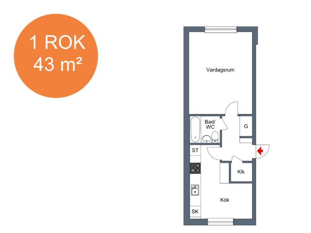 1 rums lägenhet i Eskilstuna 43 m² 6 357 kr