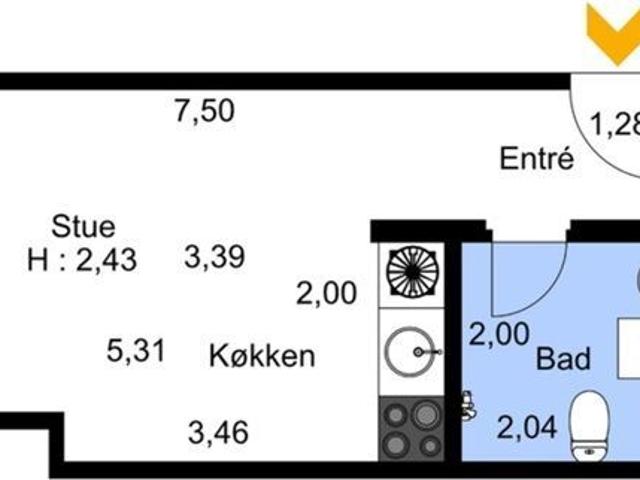 1 værelses lejlighed på 34 m²