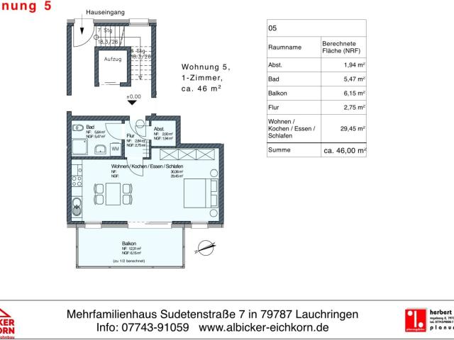1 oder 2 Zi. OG mit Balkon ca.44 m² Wohnung 5 Sudetenstr. 7, 79787 Lauchringen Neubau
