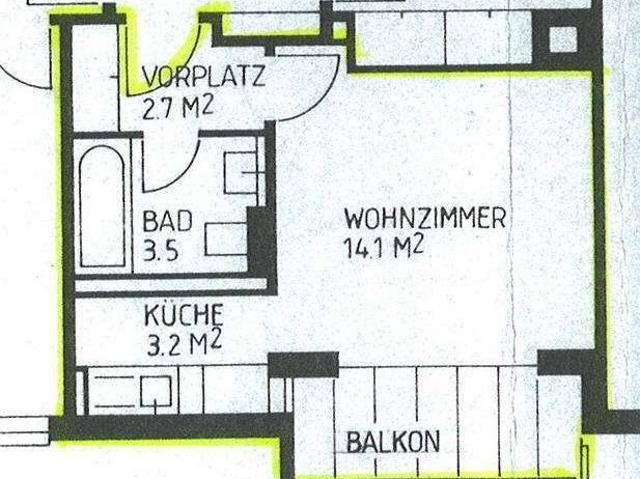 1 Zimmer, 23 m², 2. Stock