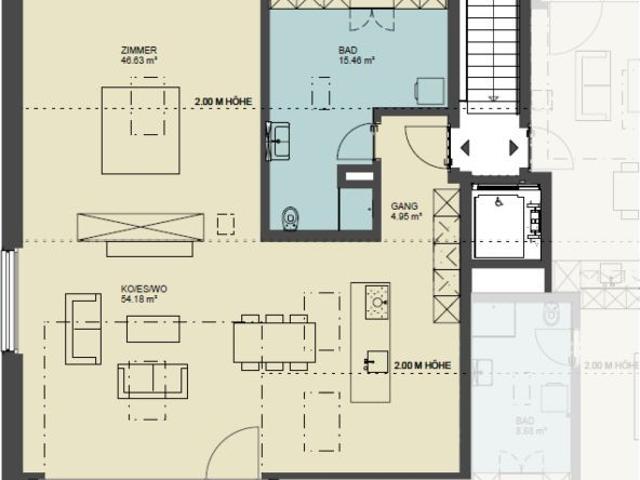 1.5 Zimmer, 134 m², 2. Stock