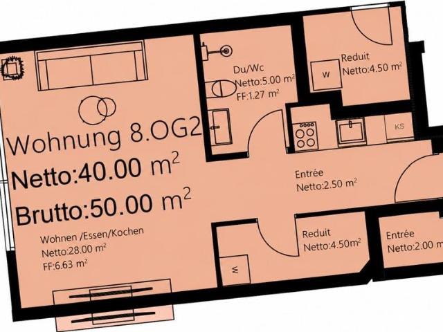 1.5 Zimmer, 40 m², 1. Stock