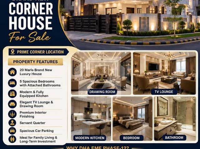 20 MARLA BRAND NEW CORNER HOUSE FOR SALE D Block, DHA EME Phase 12, Lahore Prime Corner Location Walking Distance from Sports Complex