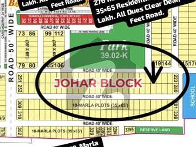 276 no. Johar Block 10 Marla 35 by 65 Residential Plot in 160 Lakh. All Dues Clear Deal, 40 Feet Road. Best Location For Constructing Your Dream House in Bahria Town Lahore