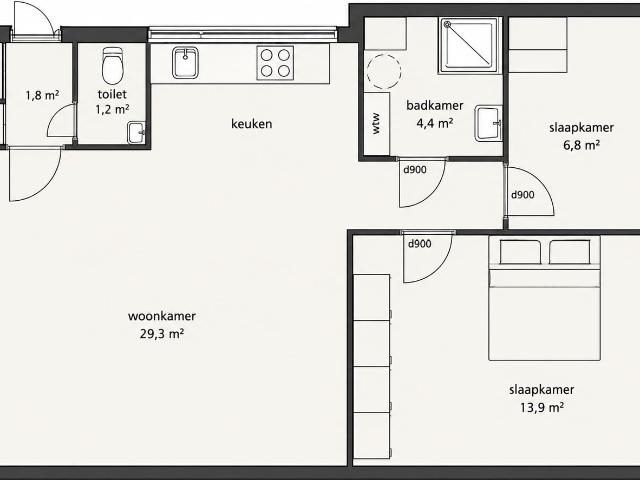 2 bedrooms Appartement Surface Area: 57m2