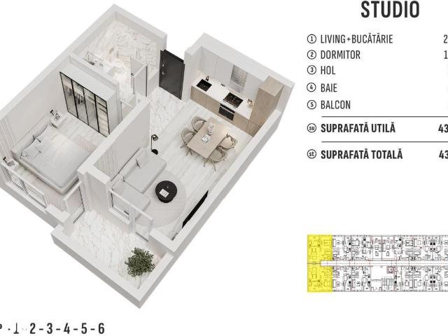 2 camere Stare: în construcție Suprafata m²: 51 m² Etaj: 7 Ilfov judet, Rosu 8830 •