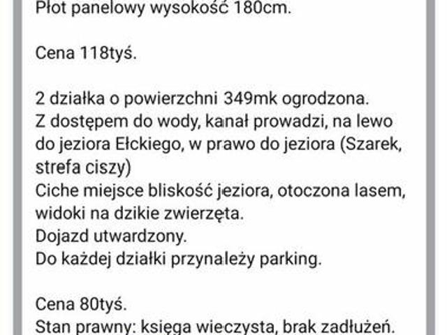 2 działki na sprzedaż rolno ogrodowe Ełk