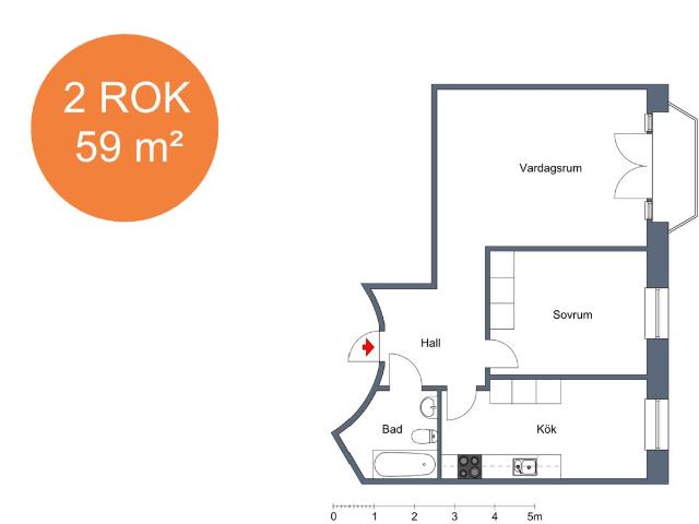 2 rums lägenhet i Landskrona 59 m² 7 695 kr