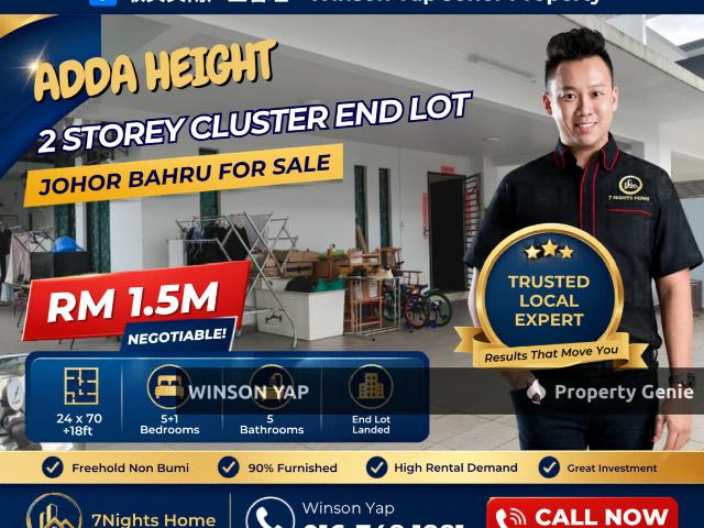 2 Storey Cluster End Lot Adda Height JB With Renovated & Furnished Negotiable