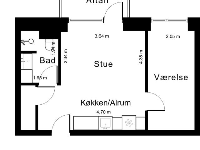 2 værelses lejlighed med altan og moderne faciliteter