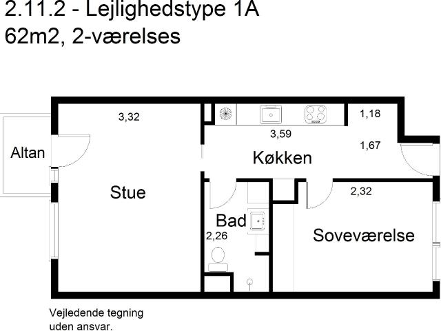 2 værelses lejlighed på 62 m²