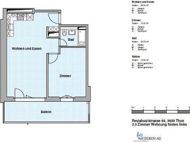2 Zimmer, 46 m², 1. Stock