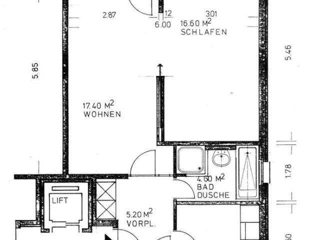 2 Zimmer, 52 m², 2. Stock