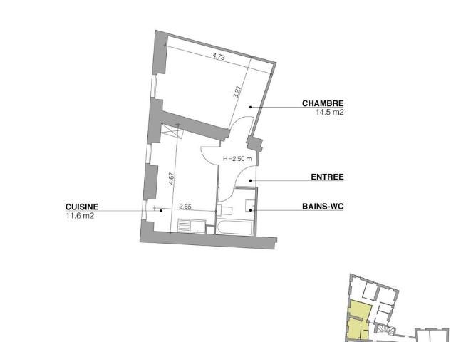 2 Zimmer, 34 m², 2. Stock