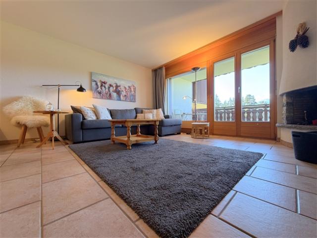 2,5 Zimmer Wohnung mit Kamin, nach Süden ausgerichtetem Balkon und Bergblick – Crans Montana