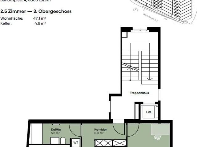 2.5 Zimmer, 47 m², 3. Stock