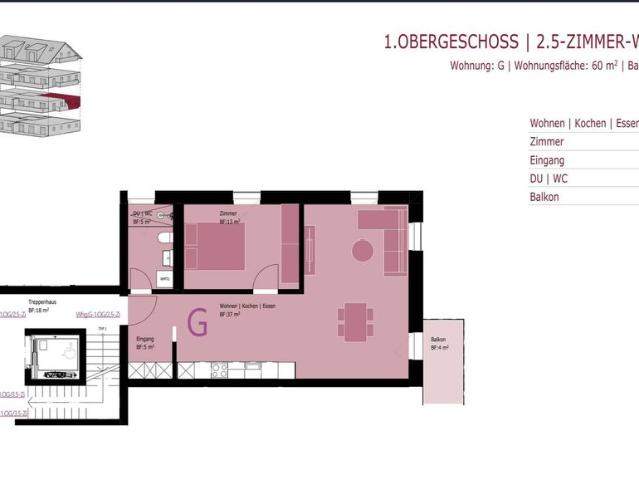 2.5 Zimmer, 60 m², 1. Stock