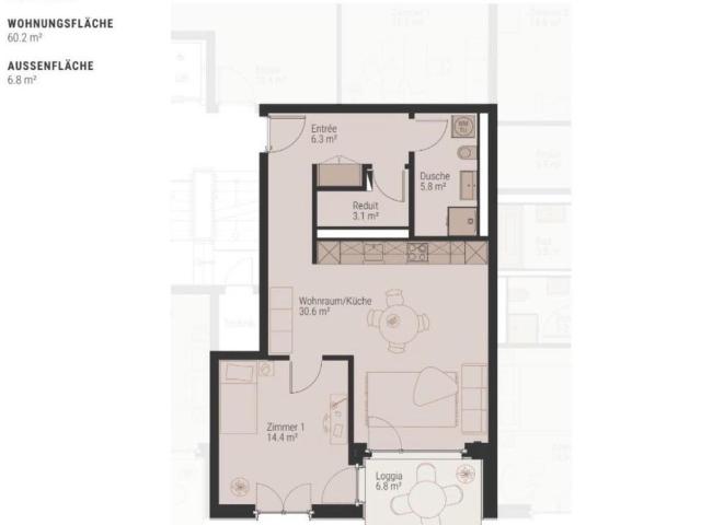 2.5 Zimmer, 60 m², 4. Stock