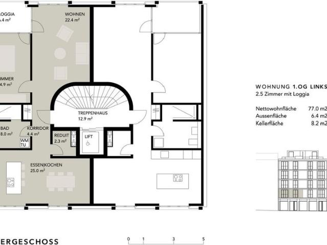 2.5 Zimmer, 77 m², 1. Stock