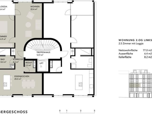 2.5 Zimmer, 77 m², 2. Stock