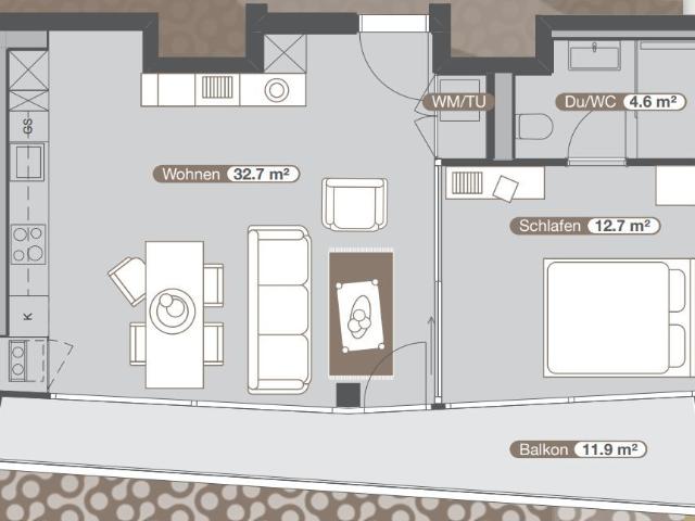 2.5 Zimmer, 70 m², 3. Stock