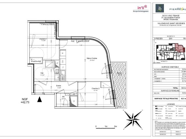 3 pièces · 56.5 m²