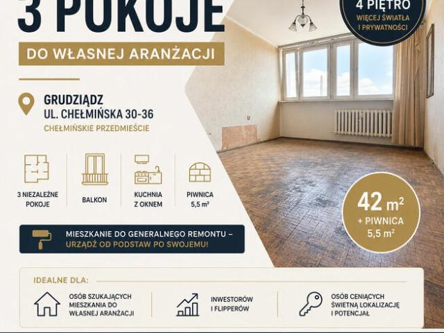 3 pokojowe mieszkanie z potencjałem w centrum Grudziądza