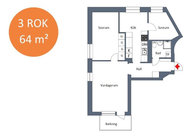 3 rums lägenhet i Borås 64 m² 9 315 kr