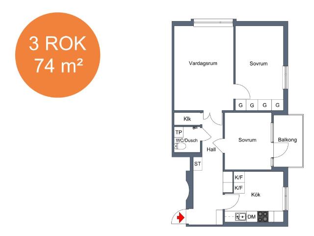 3 rums lägenhet i Eskilstuna 74 m² 8 990 kr