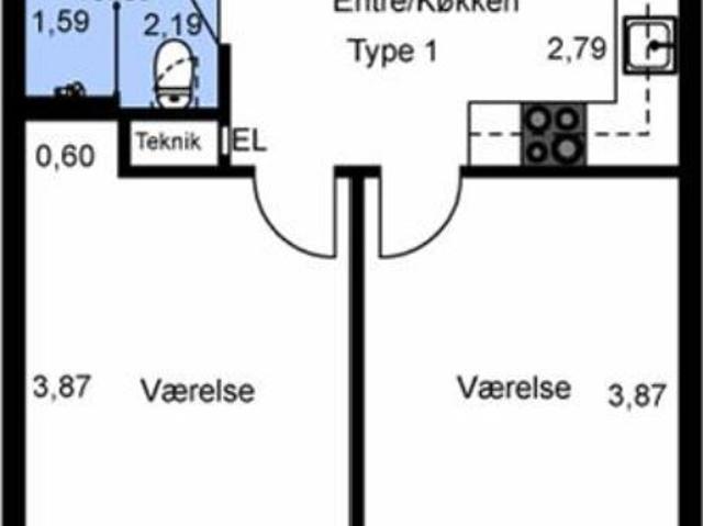 3 værelses lejlighed på 56 m²