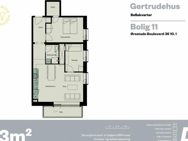 3 værelses lejlighed på 93 m²