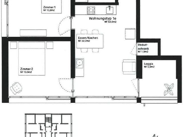 3 Zimmer, 58 m², 8. Stock