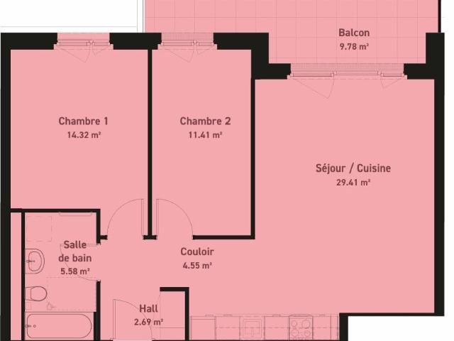 3 Zimmer, 68 m², 8. Stock