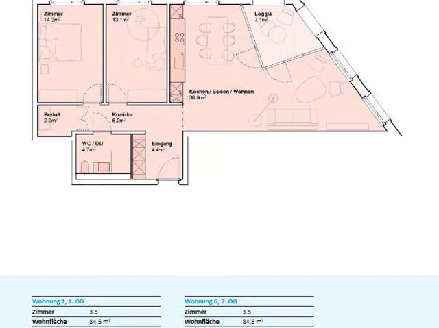 3 Zimmer, 85 m², 1. Stock