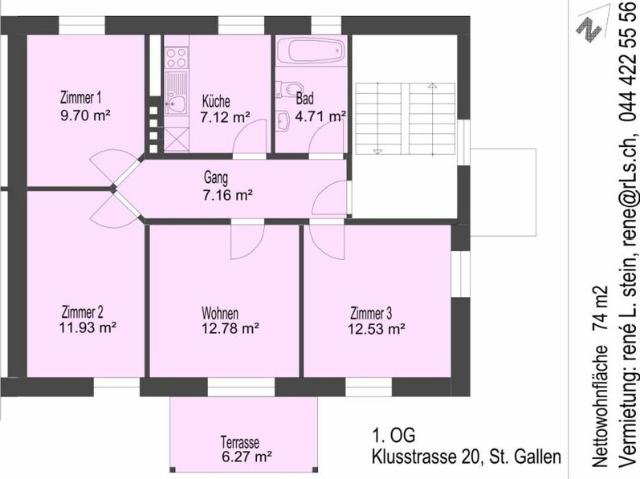 3.5 Zimmer, 74 m², 1. Stock