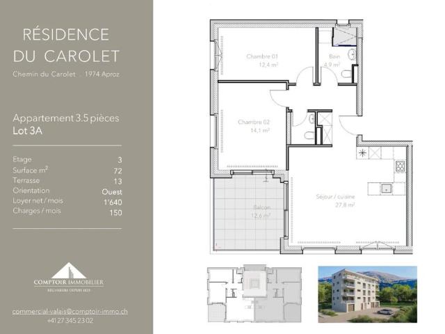 3.5 Zimmer, 72 m², 3. Stock