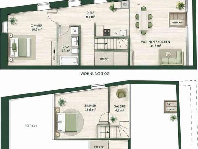 3.5 Zimmer, 90 m², 3. Stock