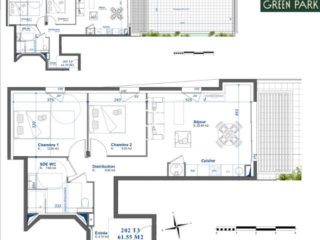 T3 61m2, terrasse 48m2, garage double
