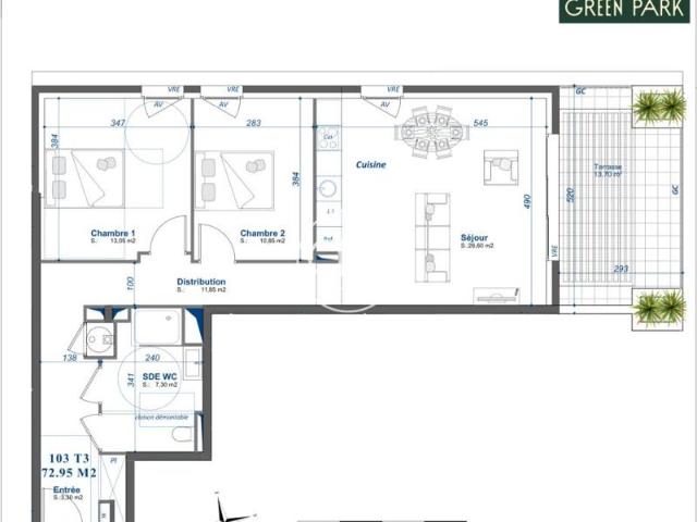 T3 73m2, terrasse 13m2, garage double