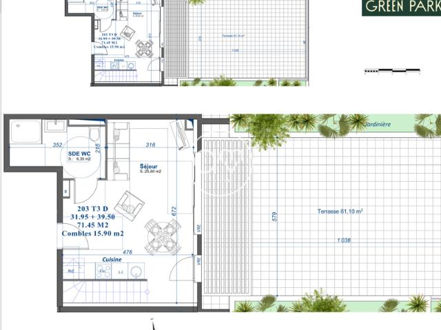T3 DUPLEX 71m2, terrasse 60m2, garage double
