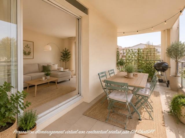 T2 47 m² – Grande terrasse 22 m² + balcon – Parking + garage – Résidence avec piscine – Vourles